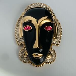 Vintage PANETTA Black Enamel Face Mask Rhinestones Pink Eyes Pendant Brooch